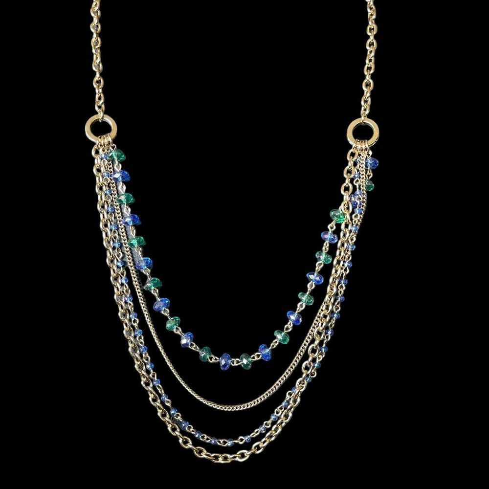 Vintage Signed NWT 4 Strand Multi Layered Chain Link Necklace Green Blue Beads
